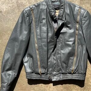 Vintage 80s men's grey leather bomber jacket with lining size 42